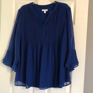 Royal blue flowy blouse with sheer bell sleeves